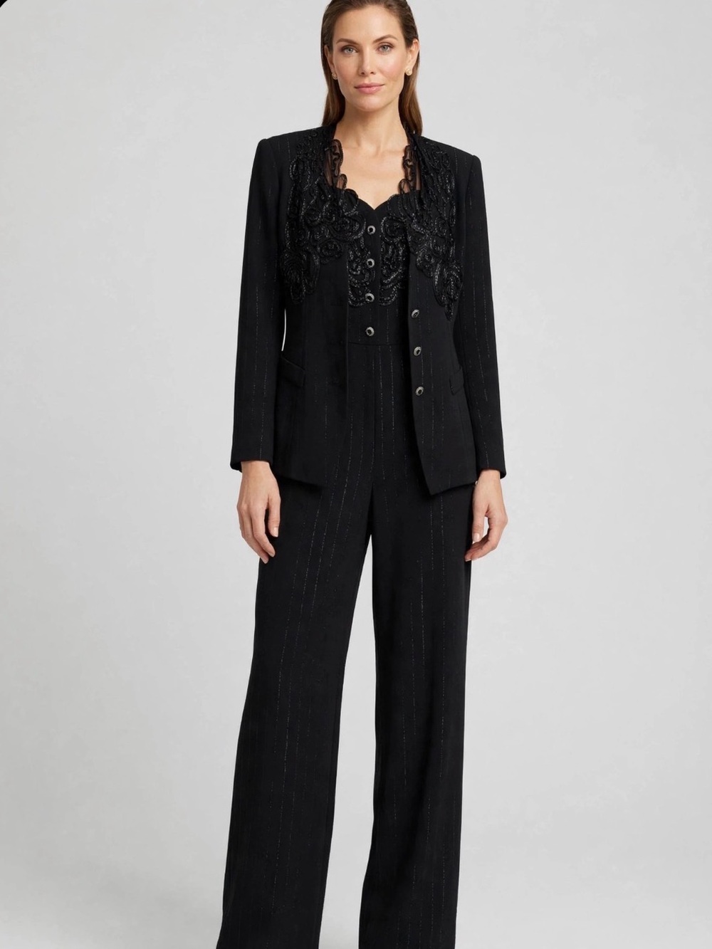 Vintage CACHE Black Brocade Metallic Pinstriped Jumpsuit w/Matching Jacket Sz 12